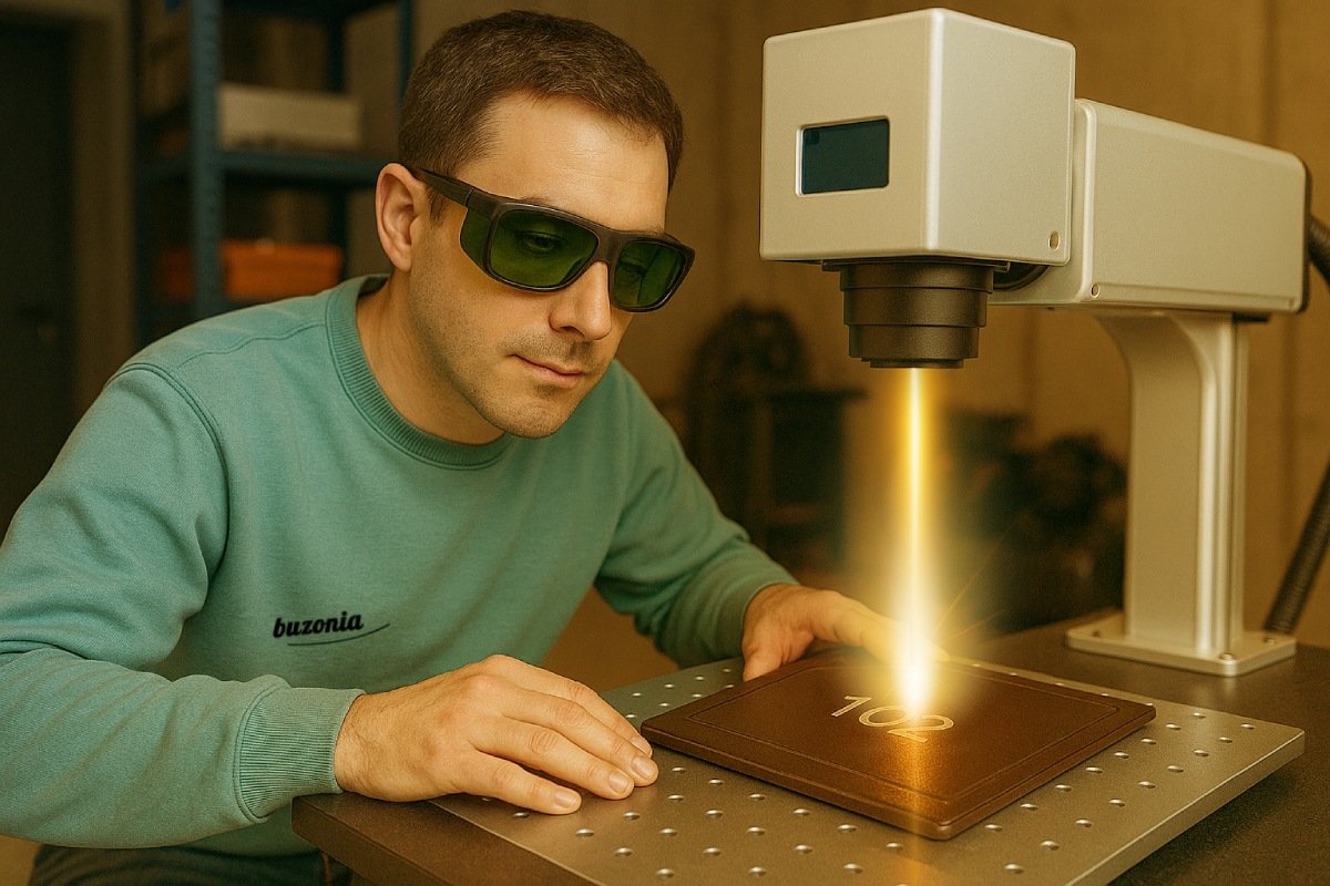 Un operario de buzonia grabando a láser un puerta de un buzón
