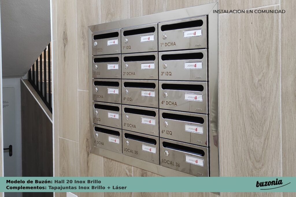 Instalación de Buzones Interior Hall 20 Inox con Tapajuntas Inox de Buzonia y Grabación Láser